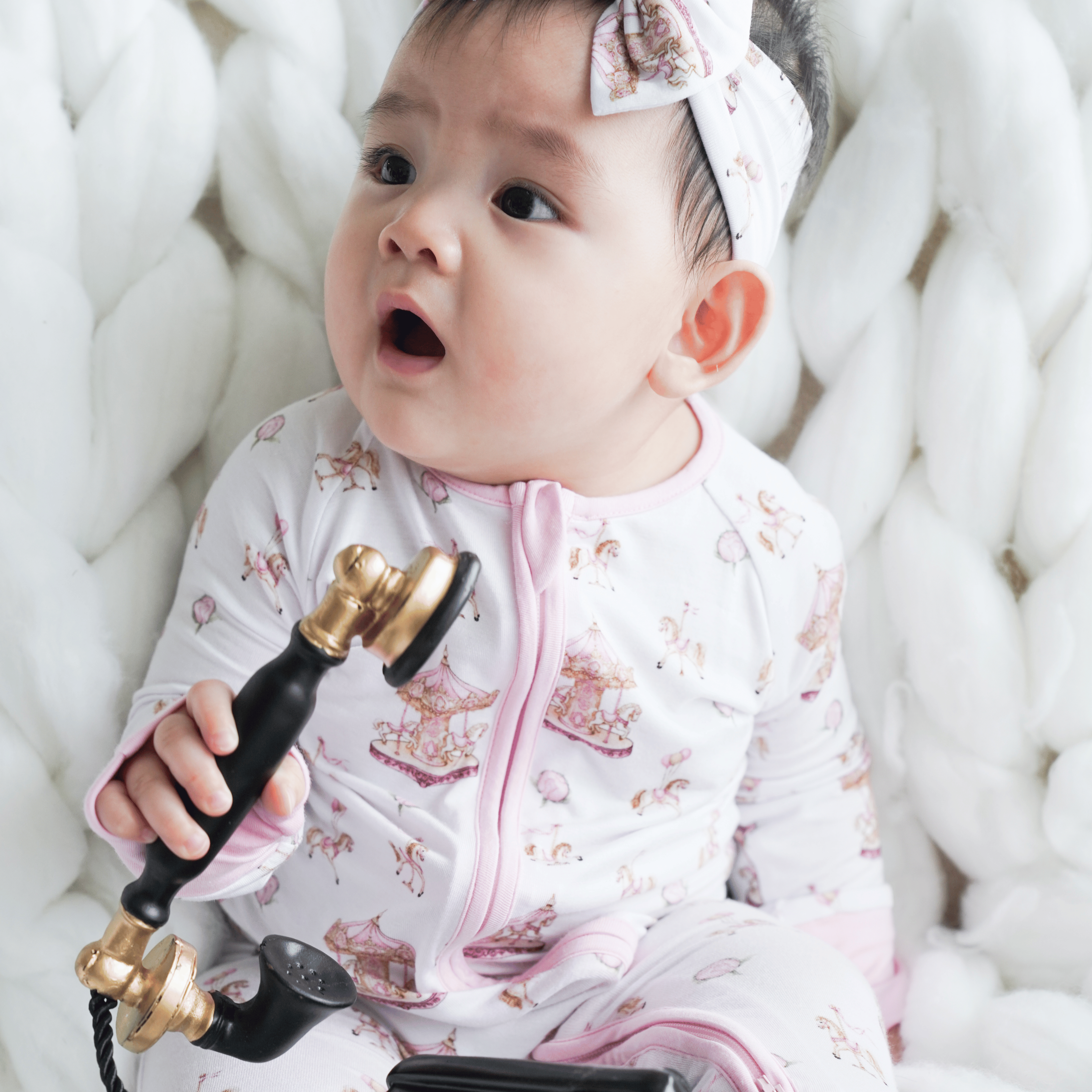 Carousel Rose Long Selvees Zipper and Carousel Blue Pajama Set Combo