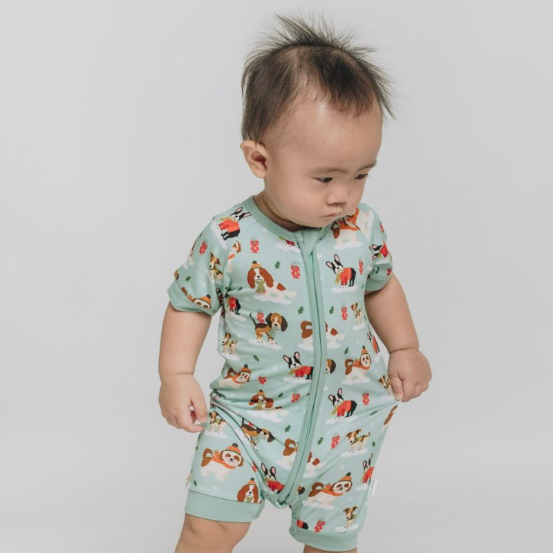 Puppy Love Blue Half Sleeves Zipper Romper For Baby