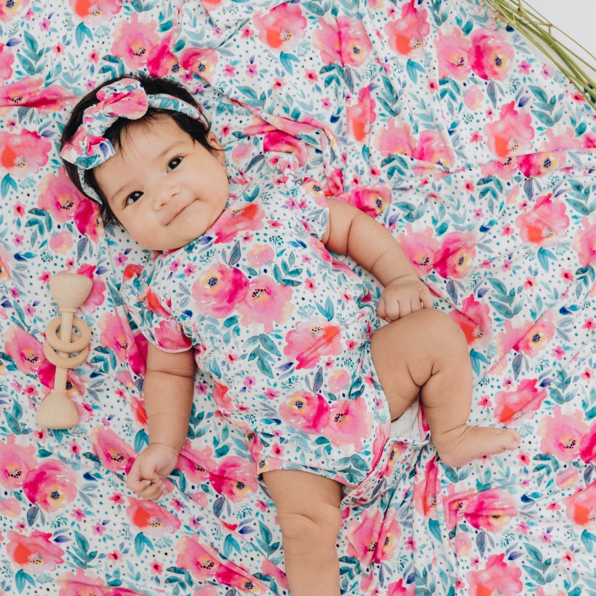 Pink Rose Newborn Swaddle Blanket and Headband combo
