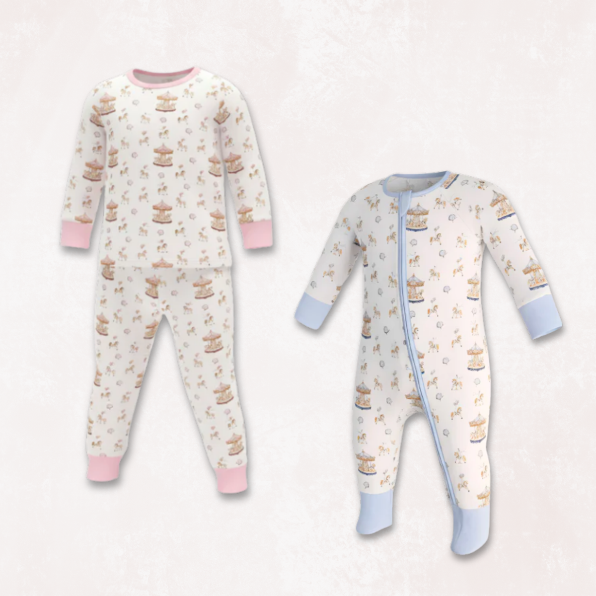 Carousel Blue Long Selvees Zipper and Rose Pyajama Set
