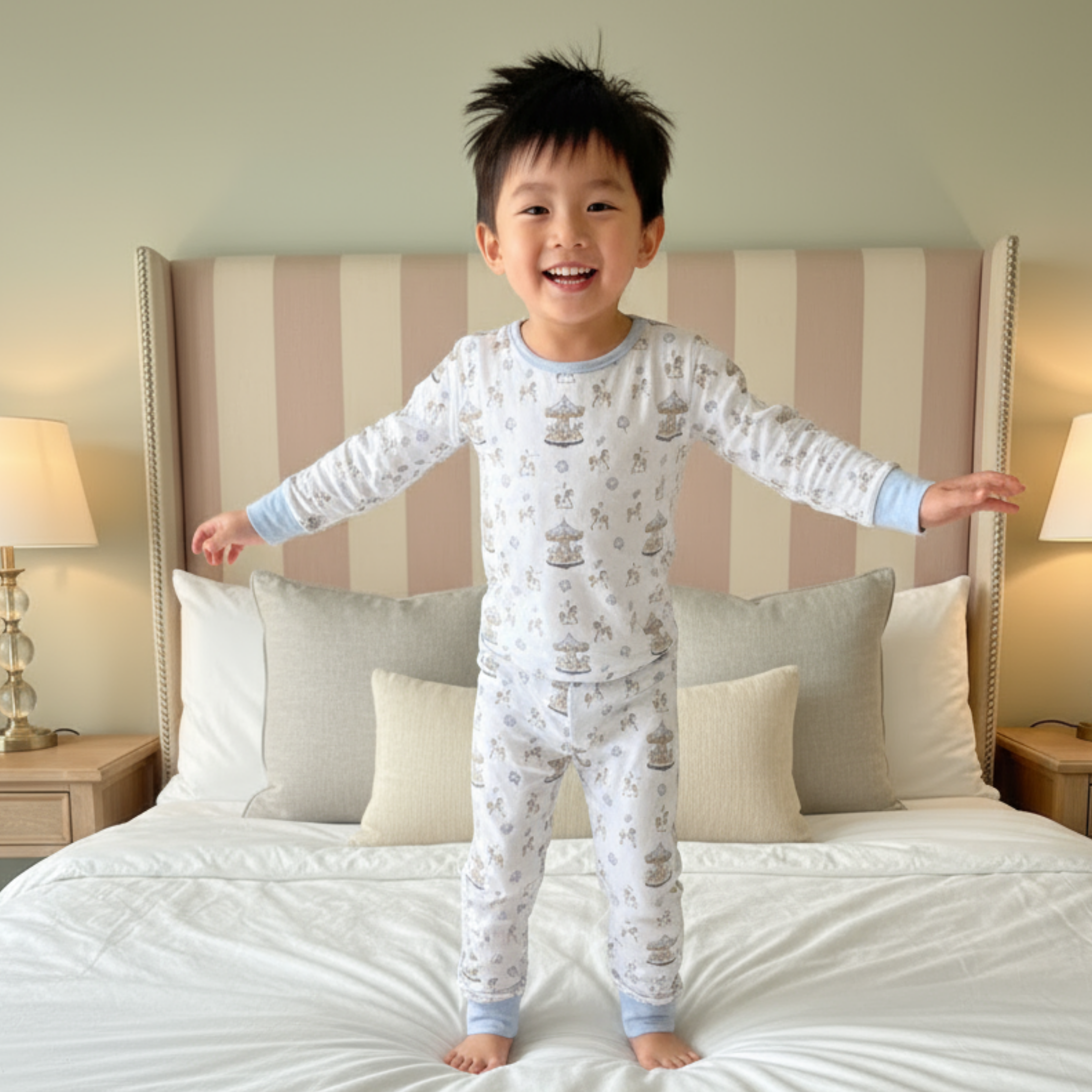Carousel Rose Long Selvees Zipper and Carousel Blue Pajama Set Combo