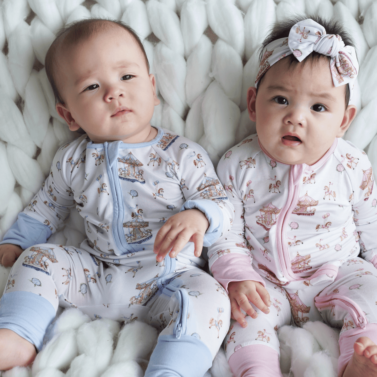 Carousel Blue Long Selvees Zipper and Rose Pyajama Set