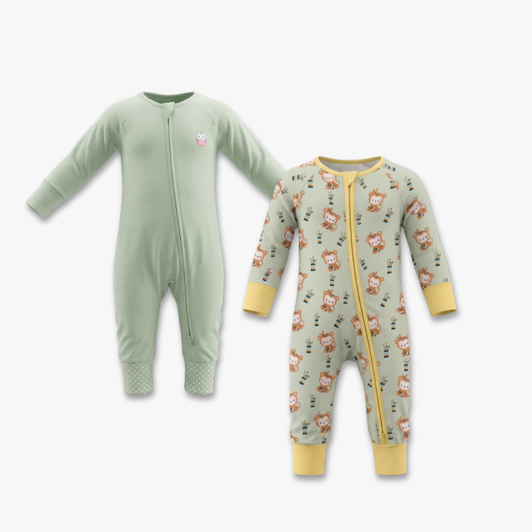 Monkute & Mint Green Long Sleeves Zipper Rompers combo