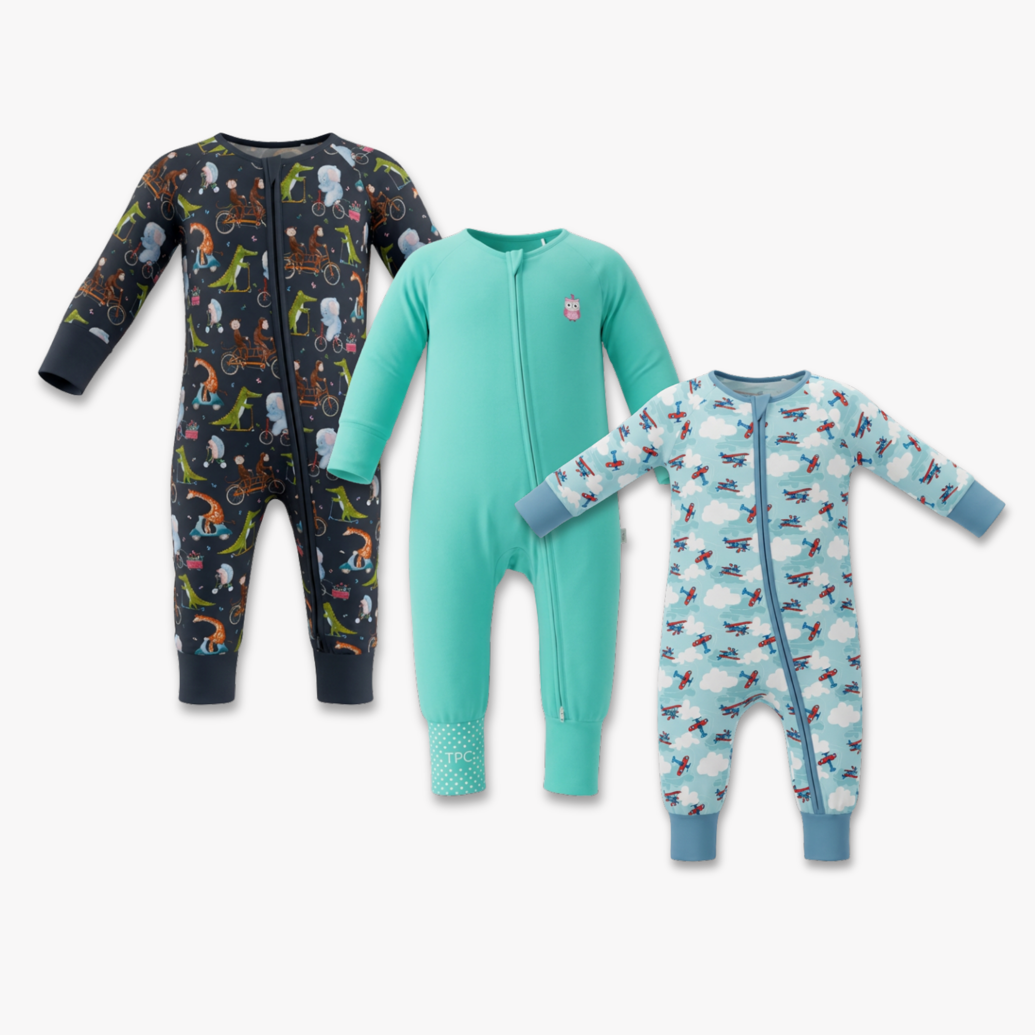 Cycle Safari & Signature Blue & Jet Set Go Long Sleeves Zipper Rompers combo