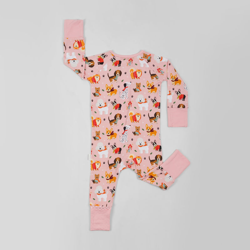Puppy Love Pink Long Sleeves Zipper Romper For Baby
