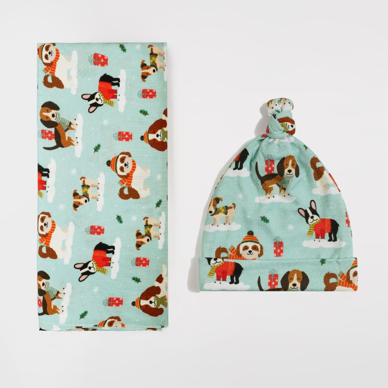 Puppy Love Blue Swaddle and Hat Set