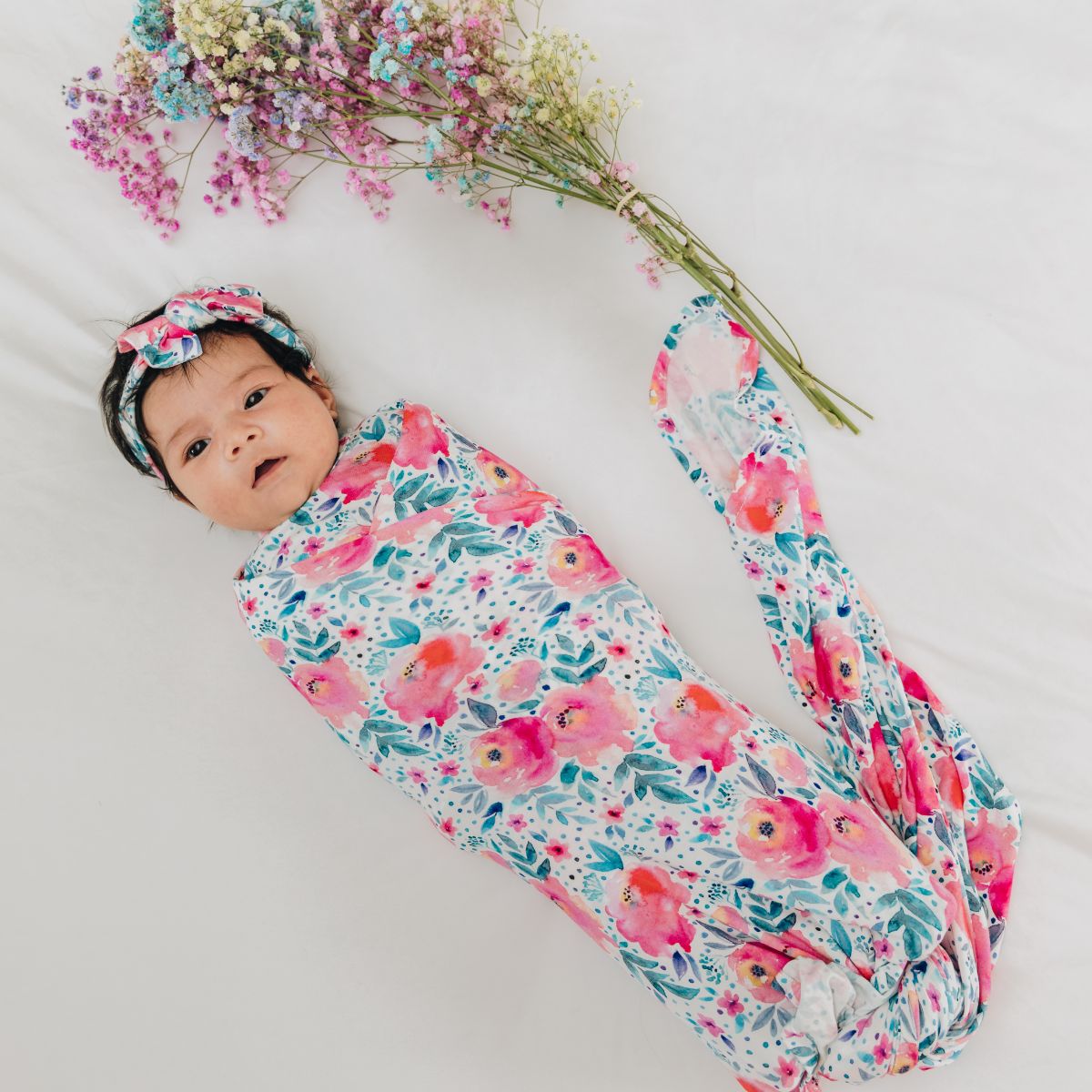 Pink Rose Newborn Swaddle Blanket and Headband combo