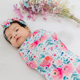 Pink Rose Newborn Swaddle Blanket and Headband combo