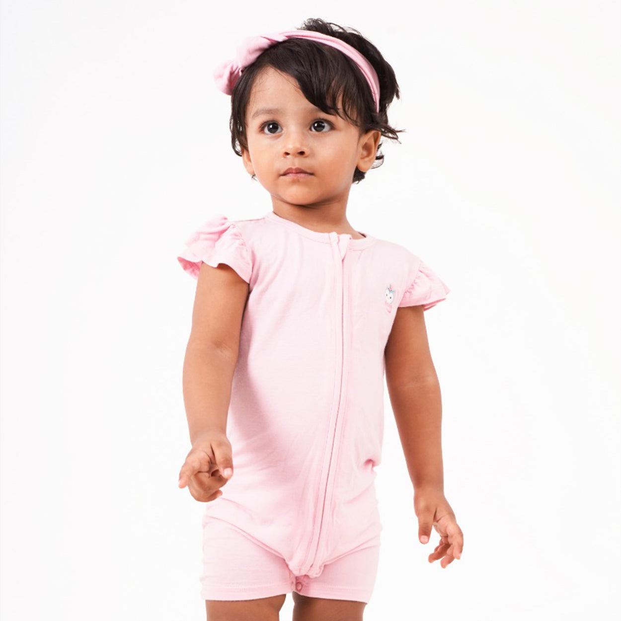 Signature Half Sleeves Zipper Romper For Baby (Baby Pink)